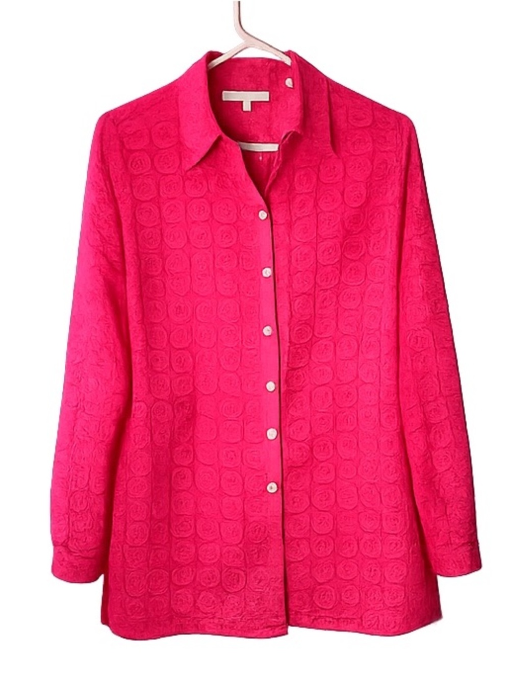Foxcroft Hot Pink Geometric Burnout Blouse Shell Buttons Women’s Size 8